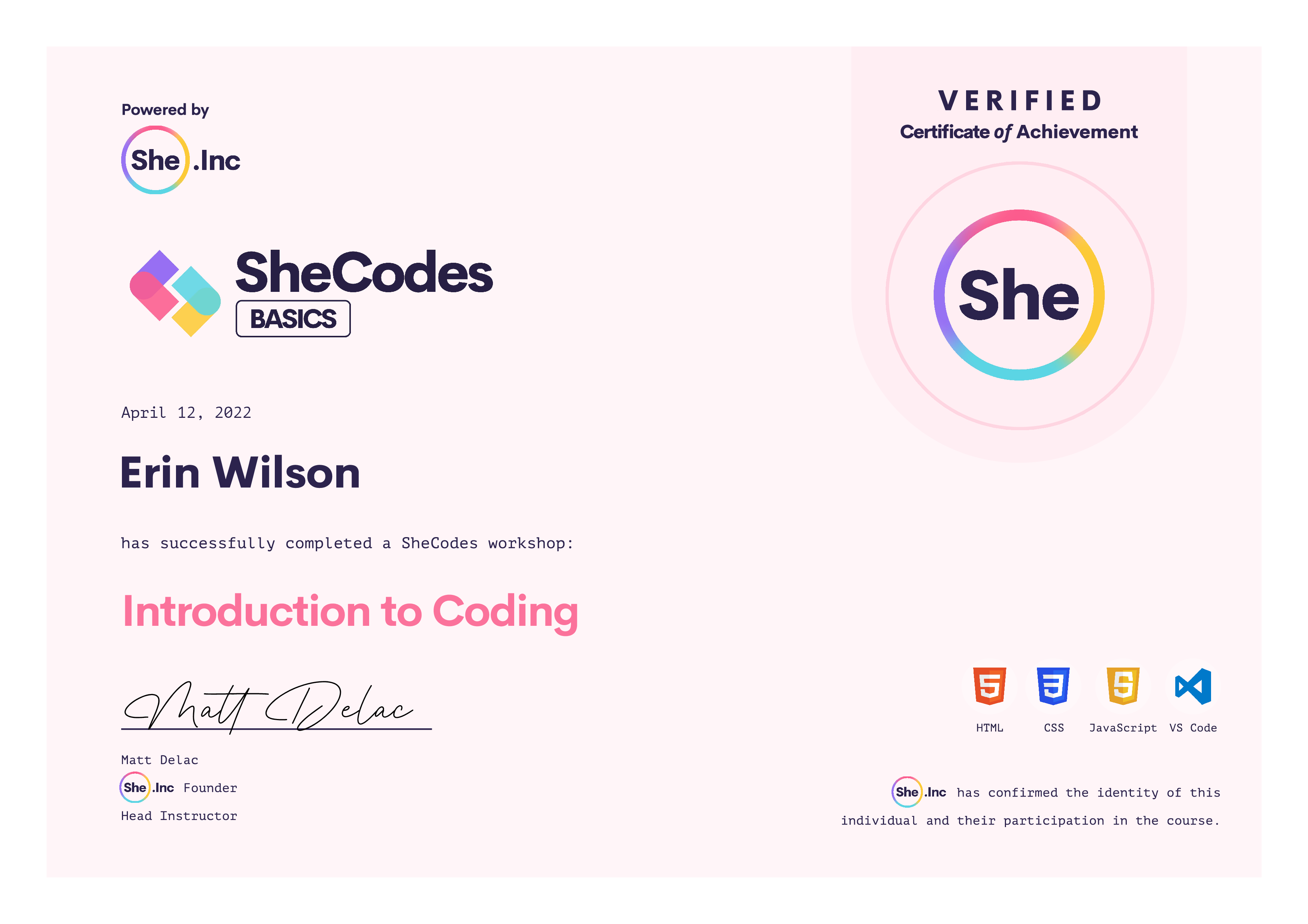 Certificate for Intorduction to Coding