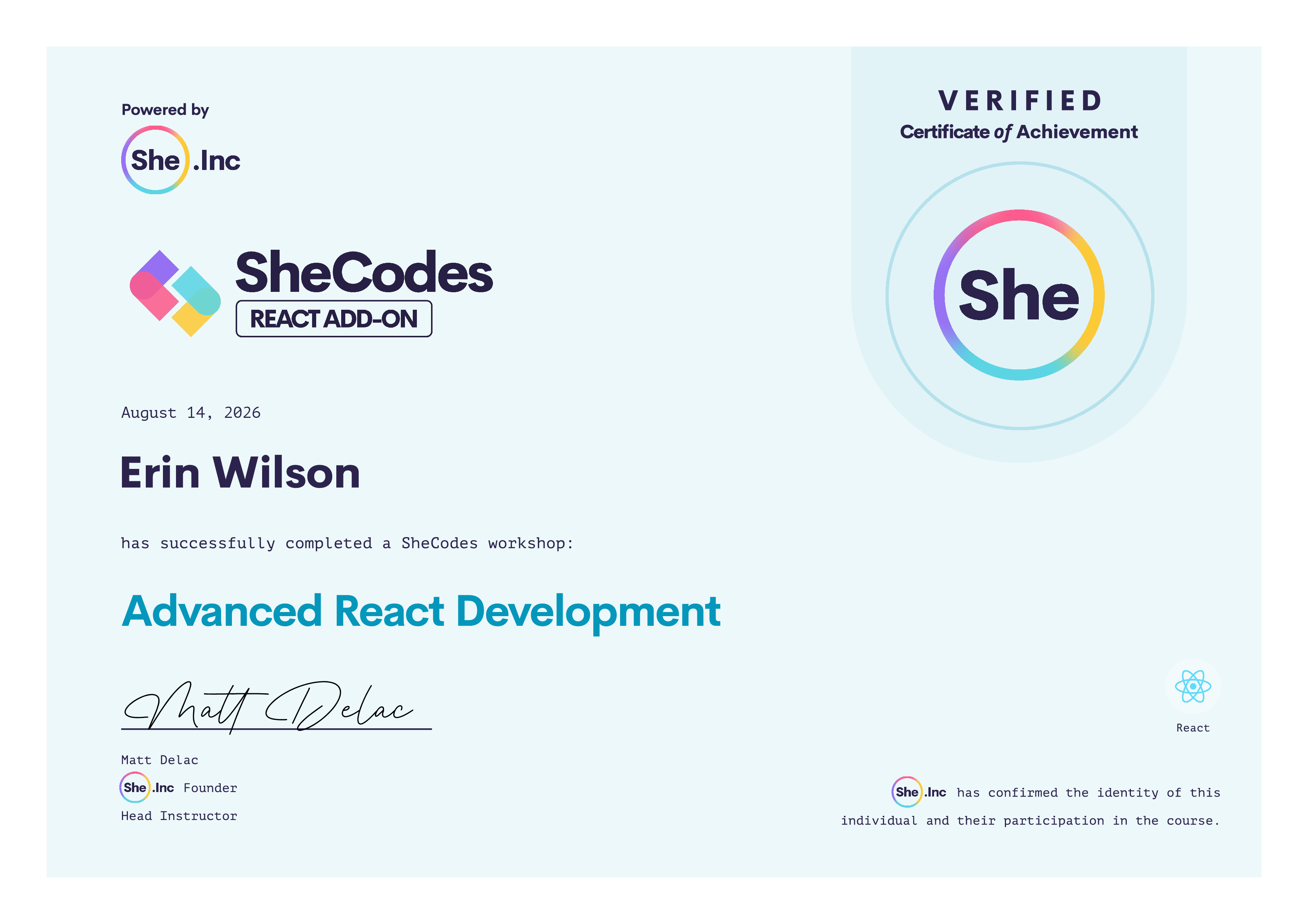 Certificate for Advanced React Development